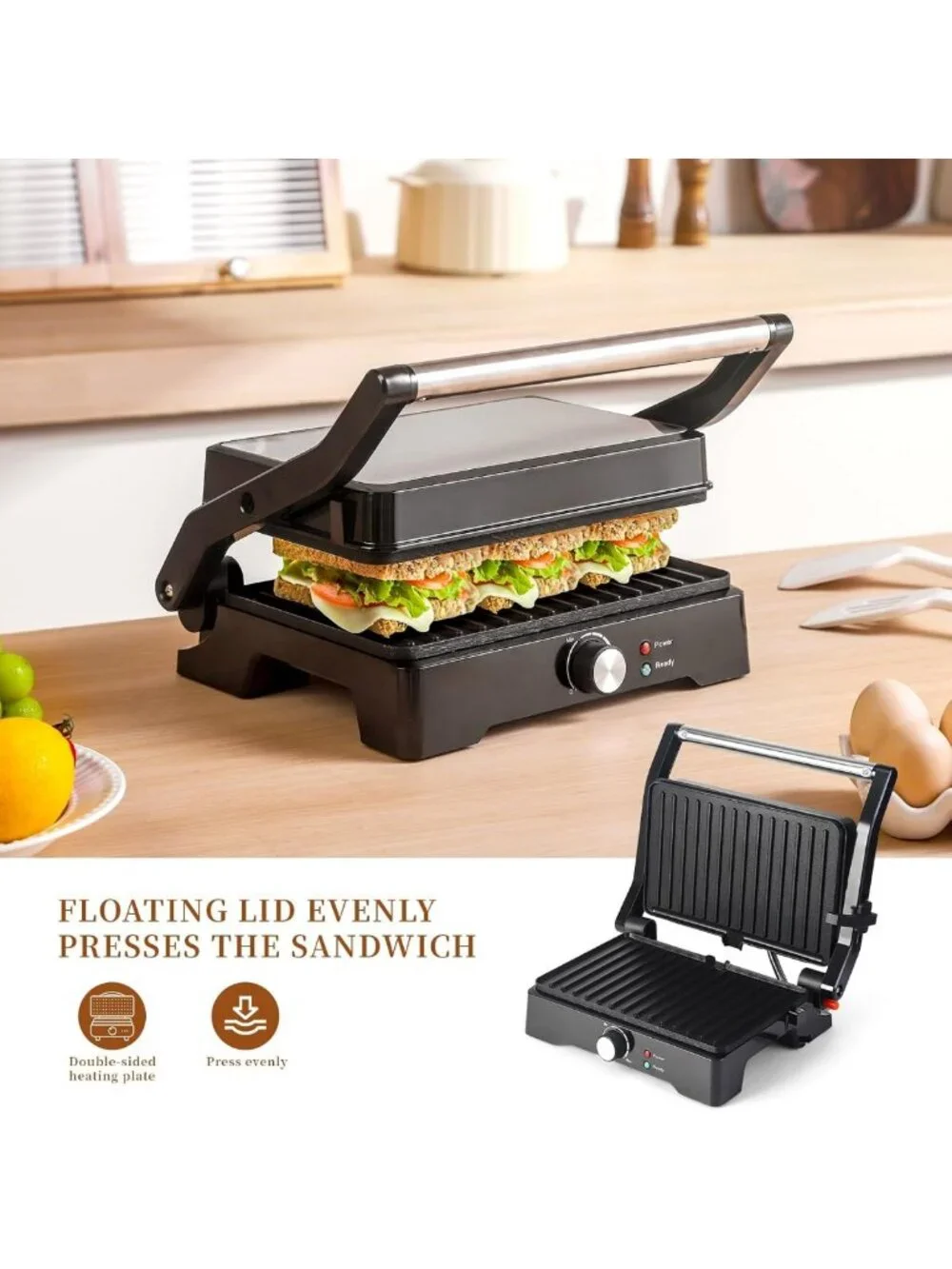 Versatile 3-in-1 Large Panini Press & Grill - Opens 180° for Perfect Sandwiches